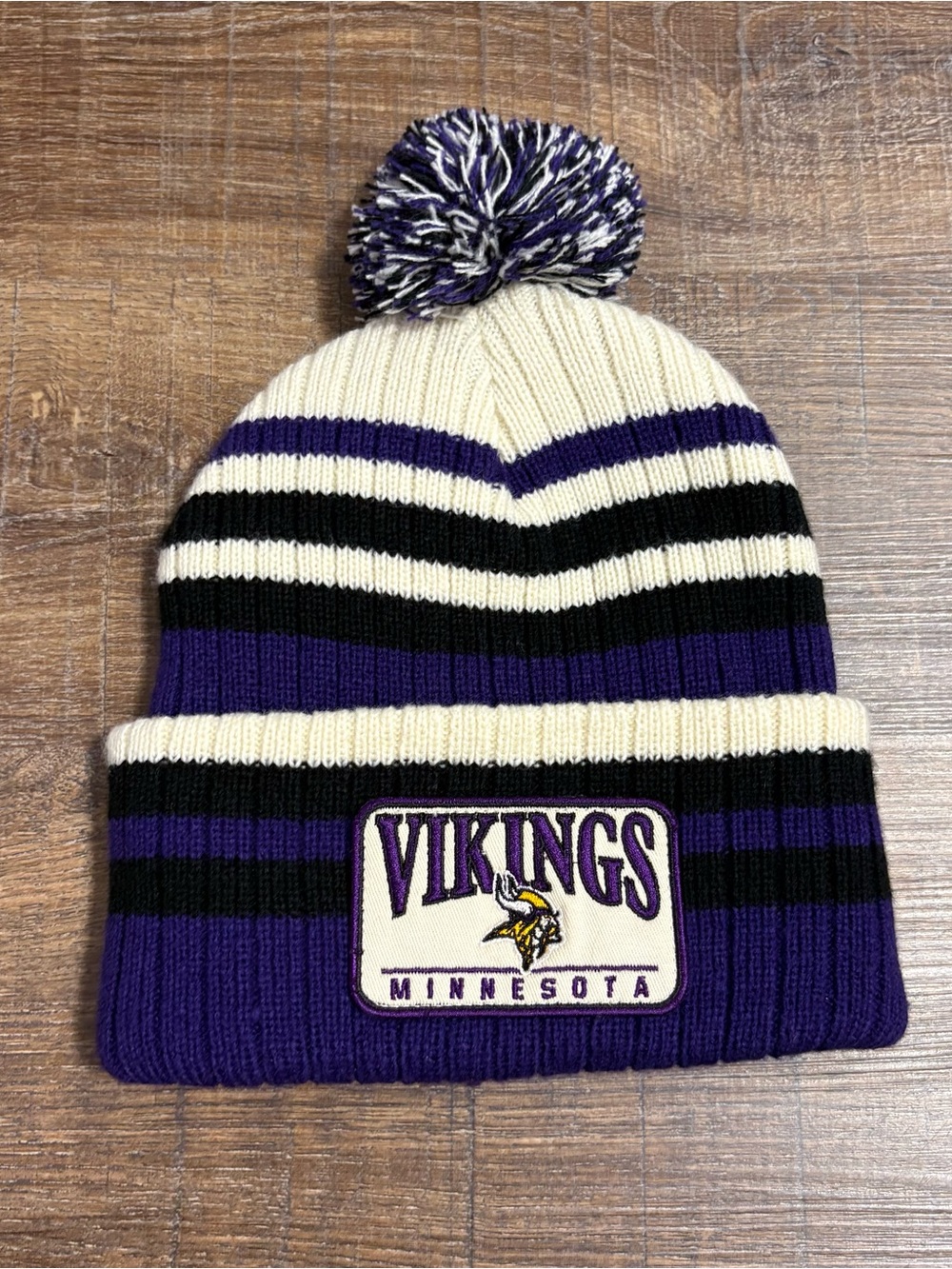 Minnesota Vikings Purple White and Black Cuffed Pom Beanie